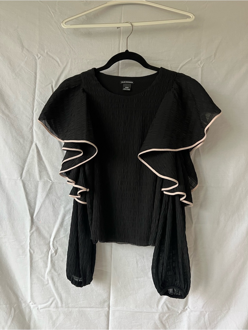 Club Monaco Black Blouse with Pink-Trim Ruffle Sleeves